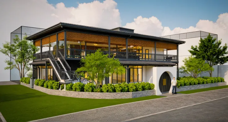 Raw photo,Masterpiece, high quality, best quality, authentic, super detail,
exterior, outdoors, house style indochine on the street ,aiaigroup
road,pavement, grass, trees, sky, cloud, (day:1.1)