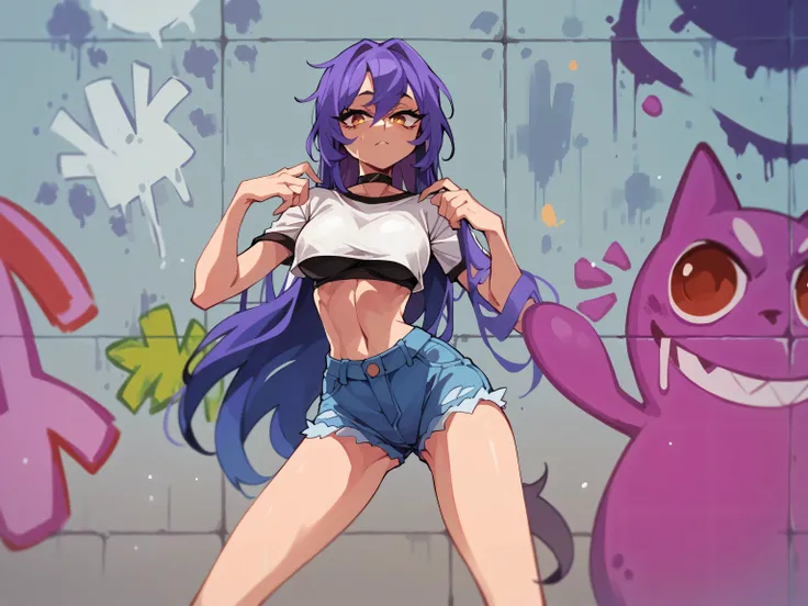 masterpiece , excellent quality , high resolution , 1 woman , long purple hair , white crop top , jean shorts , abdomen , big br...