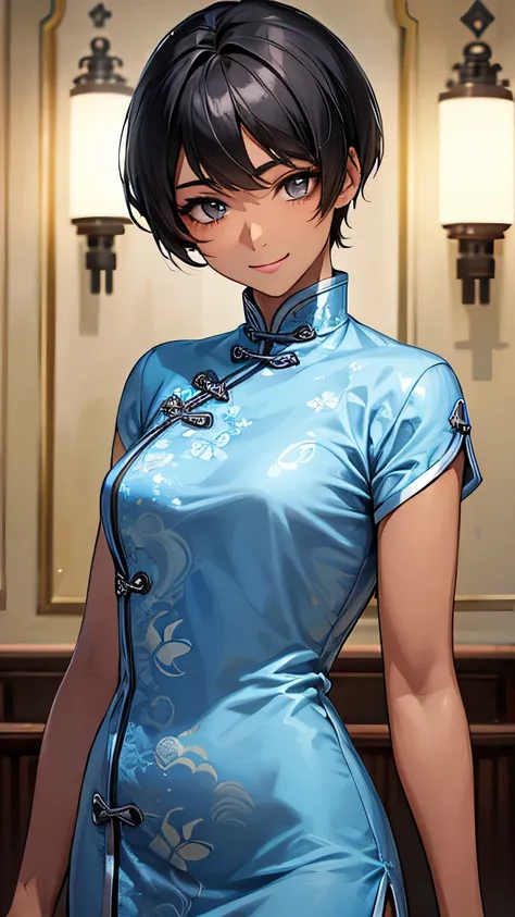 Highest quality、Realistic、、zoom、man、cute、Light grey eyes、Black Hair、Very short hair style、Tanned brown skin、Dark Skin、Light blue Chinese dress、No sleeve、Captivating smile、Bust Shot、Po