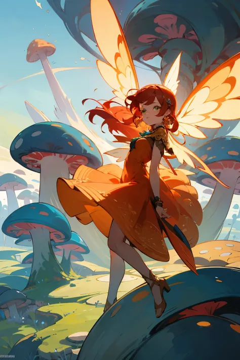 As she glides above a fantastical landscape of vibrant mushrooms, this otherworldly being with long red hair, piercing green eyes, and intricate earrings and arm bands, radiates a sense of enchantment in her tiny orange dress and fairy wings. Looking at vi...