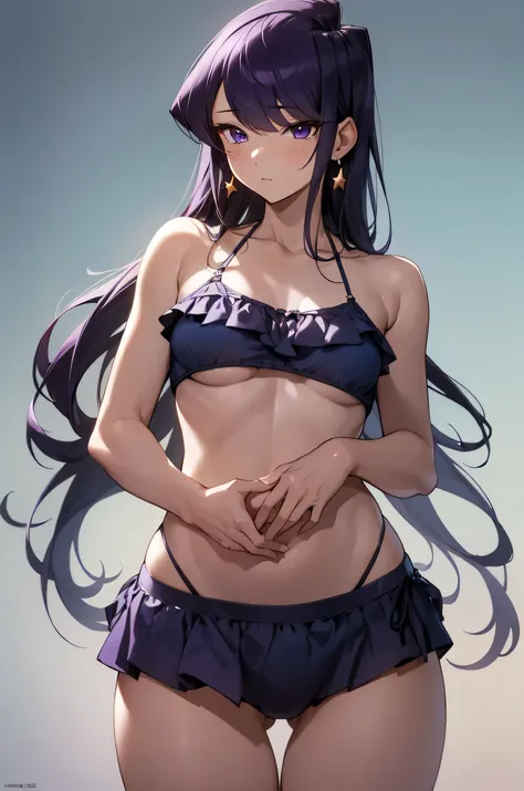 Komi Shouko, sleeping shorts, cow bikini, exposed crotch, character taking off her clothes with her hands, purple hair, purple eyes, hair over one eye, long hair, small breasts, very short blue blouse, low waist, part of breasts showing, blouse lifted show...