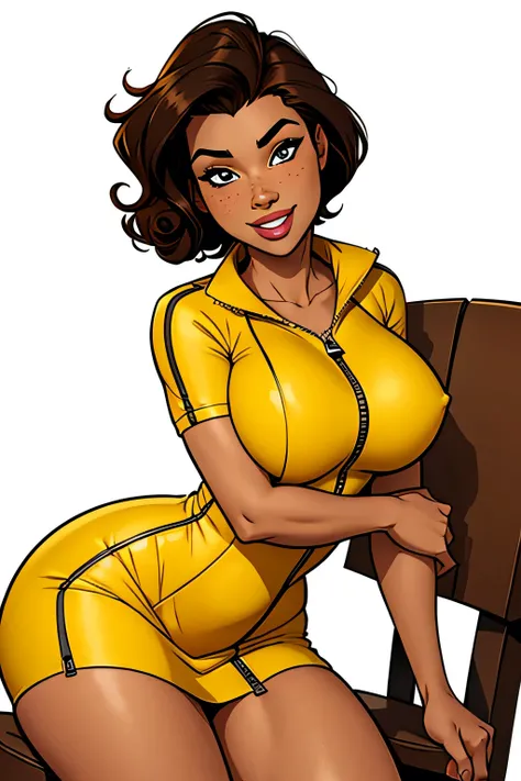 Thin woman, age 25, 4K (High definition), beautiful smile, seducing gaze, eyes browns, wearing a yellow dress ((with side zipper, decote canoa, shortsleeves)), arms positioned at the side of the body, brown skin, short curly black hair ((at shoulder height...