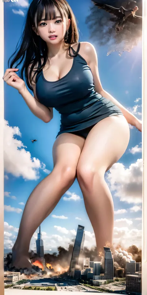 (8k,RAW Photos,Like the picture:1.45),masterpiece,Highest quality, Giantess in a short dress, GTS City of the Year 3333, City Buildings, An explosion and smoke rising, cloud, tornado, light, Destroyed cityscape, Realistic lighting, High Jump, Under, Flying...