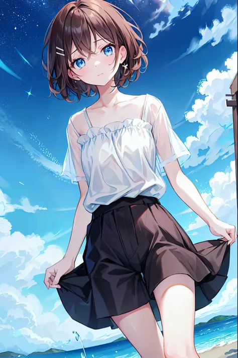 Brown Hair，，short hair，Black hairpin，，Short sleeve，Shorts，whole body，Floating in the sky，early summer，The background is blue sky and white clouds，Happy expression，Her captivating grey-blue eyes shine like stars，，Messy Hair，Slender beauty，A dignified postur...