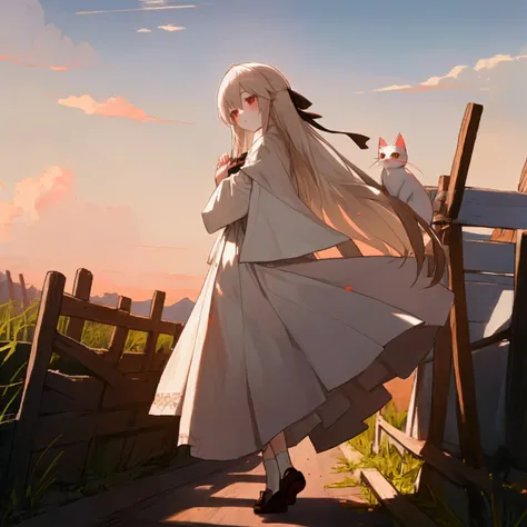 evening，A young girl，White long hair，Red pupil，White Gothic Skirt，Very white skin。She is holding a white cat doll，Walking on a deserted country road。She looked at the sky at dusk。