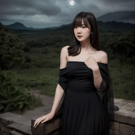 (masterpiece, best quality:1.2, 8k RAW photo, 1girl, solo, natural soft lighting), black witch, small breast, casting thunder magic,midnight, full moon, super moon