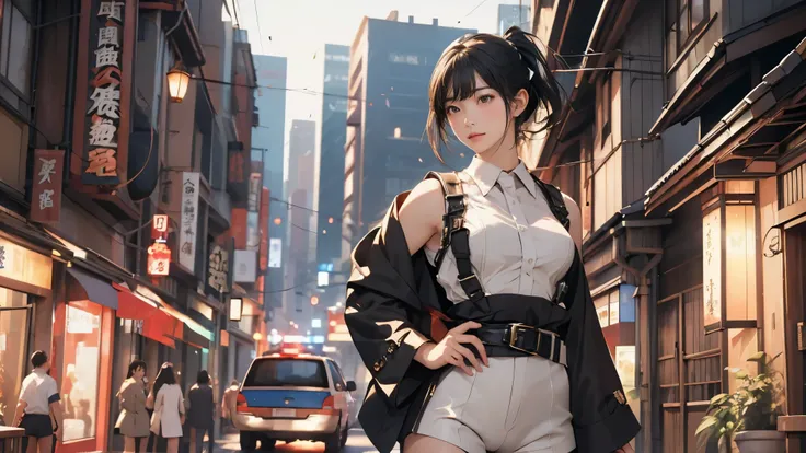 high resolution、High definition、High sensitivity、8k.Japanese、、1、cute、Idol face、Two Side Up Hair、slender、Mid-chest、(black and white high leg bodysuit:1.2)、See-through、Harness Belt、Gun Holder、(POLICE armband:1.3)、Vibrant、(Hold a gun、Firing:1.3)、bustling stre...