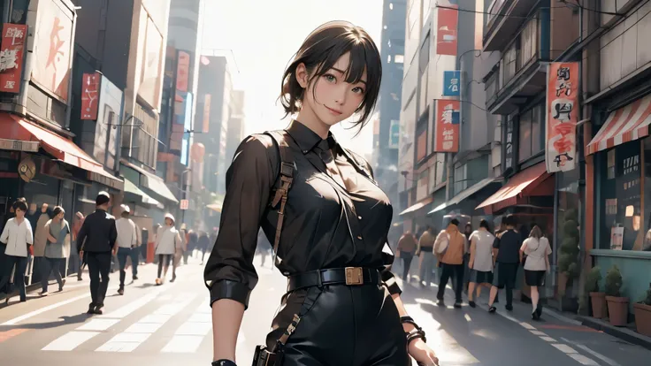 high resolution、High definition、High sensitivity、8k.Japanese、、1、cute、Idol face、Two Side Up Hair、slender、Mid-chest、(black and white high leg bodysuit:1.2)、See-through、Harness Belt、Gun Holder、（POLICE armband:1.3)、Vibrant、（Hold a gun、Firing：1.3）、bustling stre...