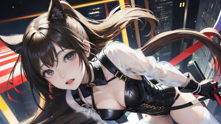 high resolution、High definition、High sensitivity、8k.Japanese、、1、cute、Idol face、Two Side Up Hair、slender、Mid-chest、(black and white high leg bodysuit:1.2)、See-through、Harness Belt、Gun Holder、（POLICE armband:1.3)、Vibrant、（Hold a gun、Firing：1.3）、bustling stre...