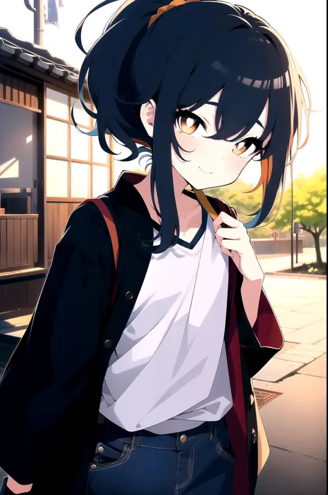 cowboy shot, (best quality, ultra-high resolution, depth of field:1.2), 1male, crossdressing, (Otoko no ko), freckles, orange eyes, white pupils, flat chest, (dark blue hair:1.2), (ponytail), (wearing casual and modern clothes:1.2), japan suburb scenery, s...