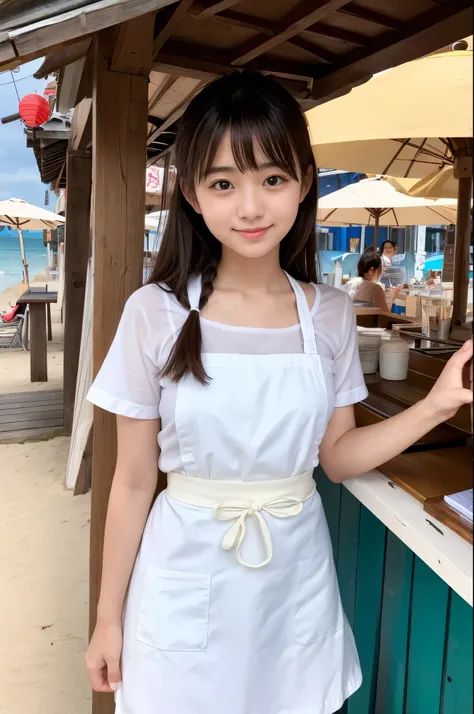 A girl (20 years old, Japanese cute face) are wearing white apron, mini skirt at the beach bar