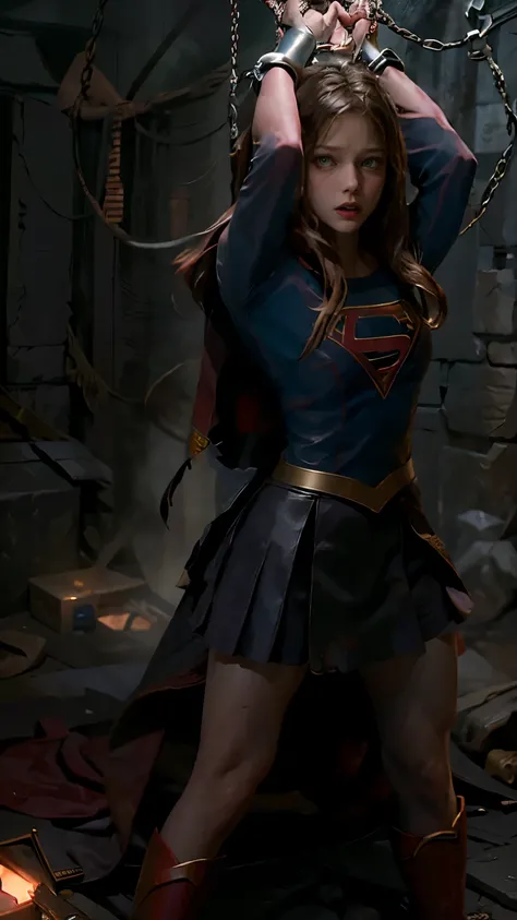 a handcuffed supergirl getting raped, cave, bdsm, bondage, , , forced, sexual intercourse, handcuffed, restrained, squirting, photorealistic, Melissa Benoist as supergirl, red tattered skirt,