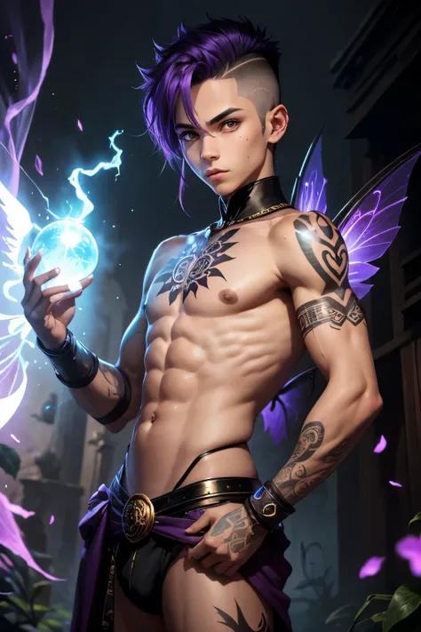 1boy, young male, teen, fairy, innocent face, cute face, youthful face, tanned skin, tribal, tribal tattoo, black eyes, fairy wings, black fairy wings, long hair, undercut, hair half shaved, purple hair, thin body, muscular, short, sexy, skimpy, jockstrap,...