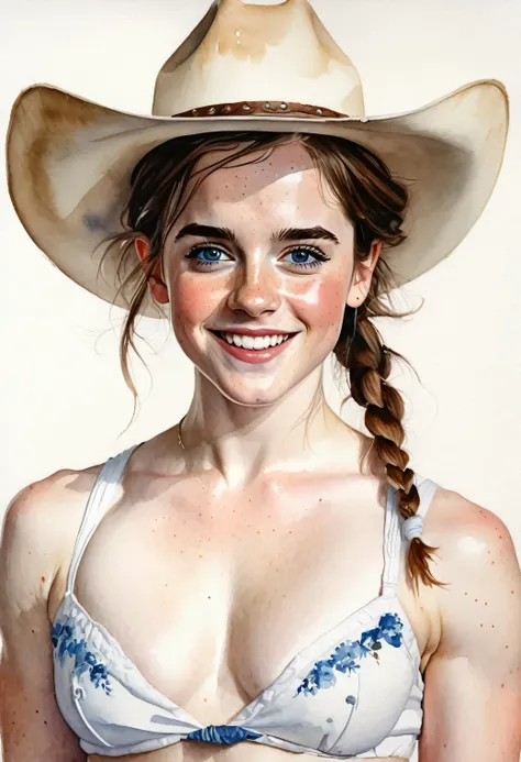 a watercolor painting of a ((pale skin)), defined muscles, six-pack abs, freckled, brunette 1 woman resembling Emma Watson, with blue eyes, blushing cheeks, pigtails, cowboy hat, naked, smiling, in the style of Norman Rockwell