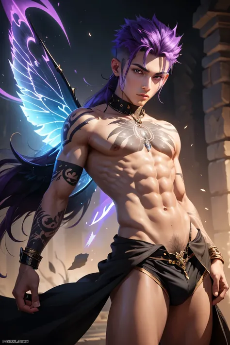 1boy, young male, teen, fairy, innocent face, cute face, youthful face, tanned skin, tribal, tribal tattoo, black eyes, fairy wings, black fairy wings, long hair, undercut, hair half shaved, purple hair, thin body, muscular, short, sexy, skimpy, jockstrap,...