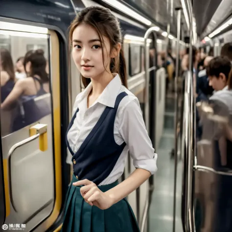 (masterpiece, best quality:1.2, 8k RAW photo, 1girl, solo, natural soft lighting), small breast, standing in a crowded train, upper body, wearing school uniform