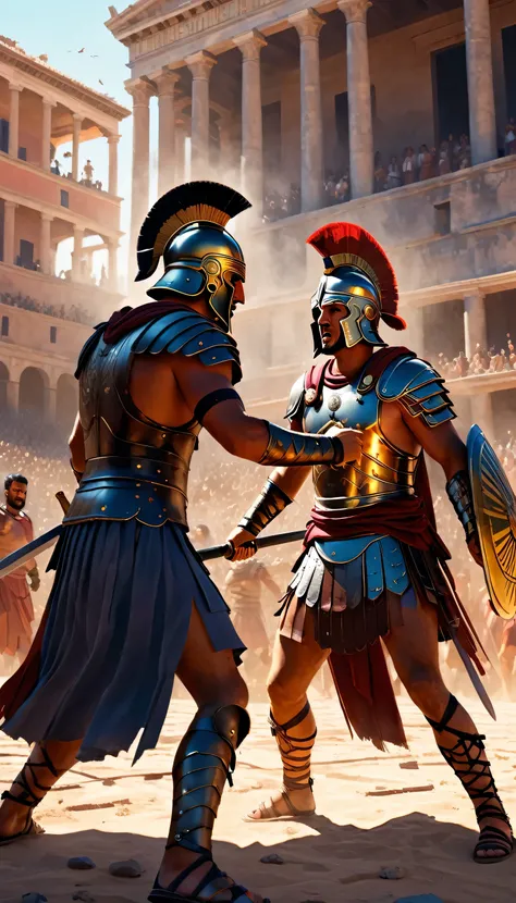 intense gladiator duel, set in ancient rome, historical painting., perfect composition, raw photo, unreal engine, octane renderi...