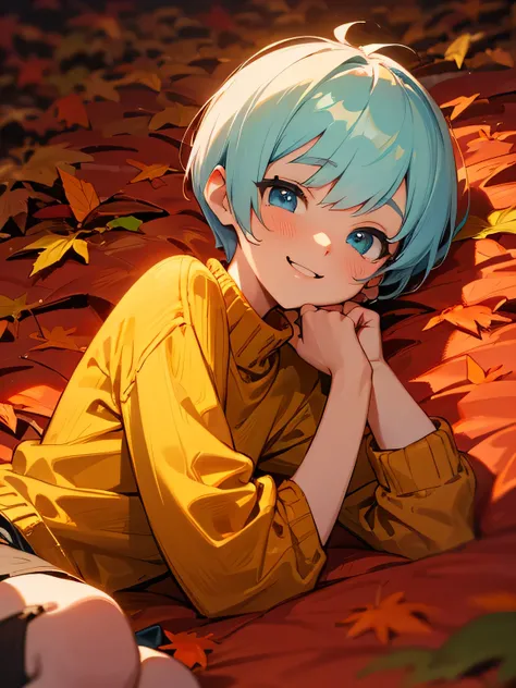 solo,pastel blue short pixie cut,cute face,water blueeyes,wearing a mustard red knitted sweater lying on a bed of autumn leaves,smile, The leaves in the background are a mix of red , red and red tones, suggesting the fall season.