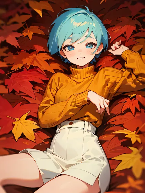 solo,pastel blue short pixie cut,cute face,water blueeyes,wearing a mustard red knitted sweater lying on a bed of autumn leaves,smile, The leaves in the background are a mix of red , red and red tones, suggesting the fall season.