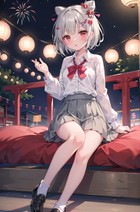 (masterpiece), One person, alone, shirt, collared shirt, Hair Bun, shoes下, Short Hair, Red Eyes, Sitting, hair ornaments, blush, Lips parted, bangs, View your viewers, white shirt, Gray Hair, whole body, skirt, Hair Clip, shoes, grey skirt，night，Summer fes...