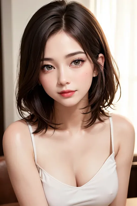 (Tabletop, Highest quality、Very attractive adult beauty、Add strong highlights to the eyes、Look closely at the camera:1.4、A beautiful woman with mature charm、Ideal body type、Perfect Anatomy、Short brunette bob、Shiny Hair、Lip gloss),one person&#39;s, alone, 明...