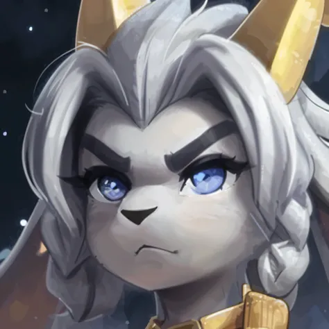 [sybil], [pseudoregalia], ((masterpiece)), ((HD)), ((high res)), ((solo portrait)), ((front view)), ((detailed fur)), ((cute cartoon aesthetic)), ((detailed shading)), {(female anthro goat), (athletic figure), (grey body fur), (black nose), (long droopy bu...