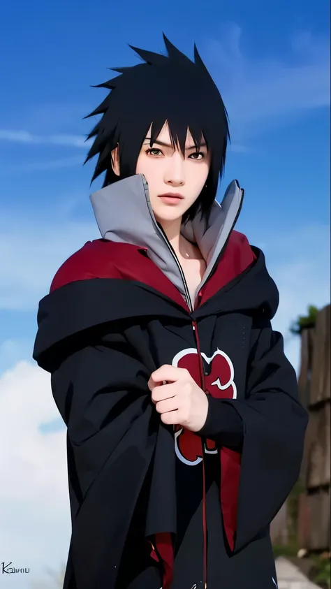 Uciha sasuke, naruto shippuden caracter, male, black hair, black eyes, black akatsuki uniform, handsome asian face, ultra realistic, ultra detailed, best quality, masterpiece.