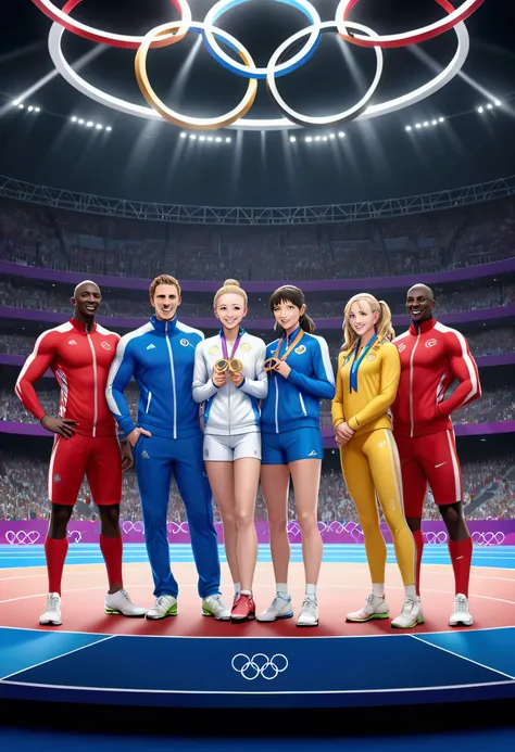 (Olympic Games), Olympic rings, venues, the upcoming athletes chat happily on the sidelines, full body, award-winning, cinematic still, emotional, vignette, dynamic, vivid, (masterpiece, best quality, photorealistic, Professional, perfect composition, very...