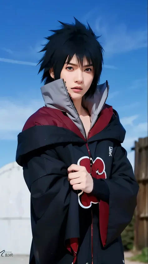 Uciha sasuke, naruto shippuden caracter, male, black hair, black eyes, black akatsuki uniform, handsome asian face, detailed hair, detailed eyes, detailed face, ultra realistic, ultra detailed, best quality, masterpiece.