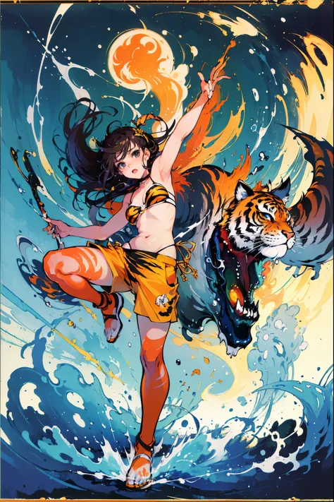 (​masterpiece, top-quality, official art:1.2)look at viewericro bikini, tiger and girl, tiger painting}a flash of light runs, co...