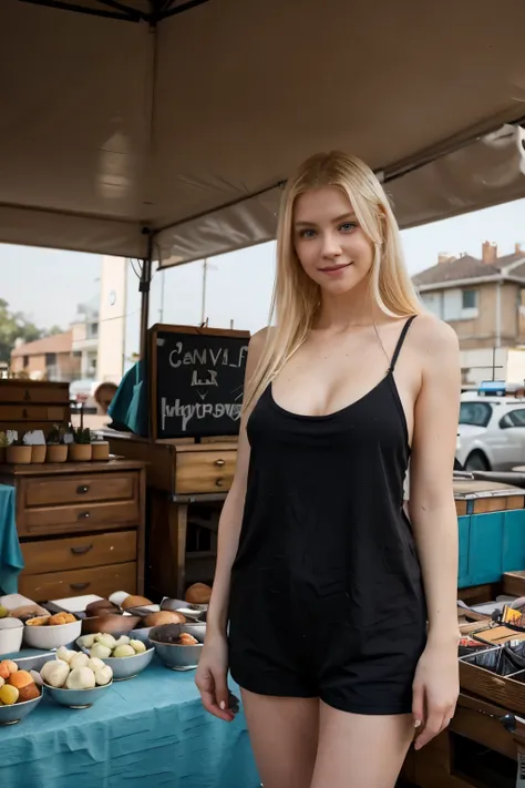 Beautiful 2 blonde woman, 170cm high, 60kg weight, white skin, long platinum blonde hair, blue eyes, wearing black oversize t-shirt, orange shorts, walking, looking to somewhere else, (((flea market))), cute smile, natural morning light, realistic portrait...