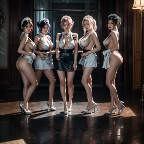 (Full Body of Extremely Detailed((Sexy Maid Group in a row:1.37))), KAWAII perfect face, Reflective Eyes, Detailed(Delicate Clothing textures), Correct Bewitching Leg Line, Dynamic Joyful Expressions LifeLike Rendering, Specular Reflection, TopQuality 8K U...