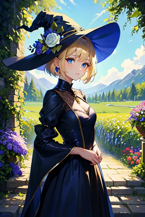 High-quality painting, masterpiece, witch, wearing shiny silk dress, short blonde cut, bobbed hair, blue eyes, landscape with many beautiful flowers to issue.