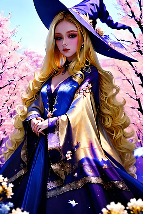 high-quality painting, masterpiece, witch, wearing shiny silk dress, short blonde cut, bobbed hair, blue eyes, landscape with ma...