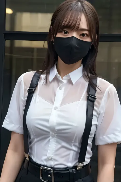 a woman in a suit, belt, hands behind back, sweating, suspenders, black pants, sexly, large breasts, see-through clothing, rain, detective, office worker, white button-up shirt, (best quality,4K,8k,highres,masterpiece:1.2),ultra-detailed,(realistic,photore...