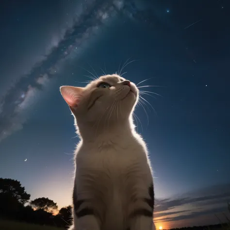 A cat looking up at the beautiful night sky