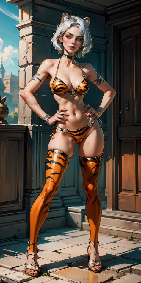 A MILF BIMBO with red eyes and silver-white hair, wearing a yellow tiger bikini print, metal sandals, and a choker, stands confidently with her hands on her hips, a lustful smirk playing on her lips.