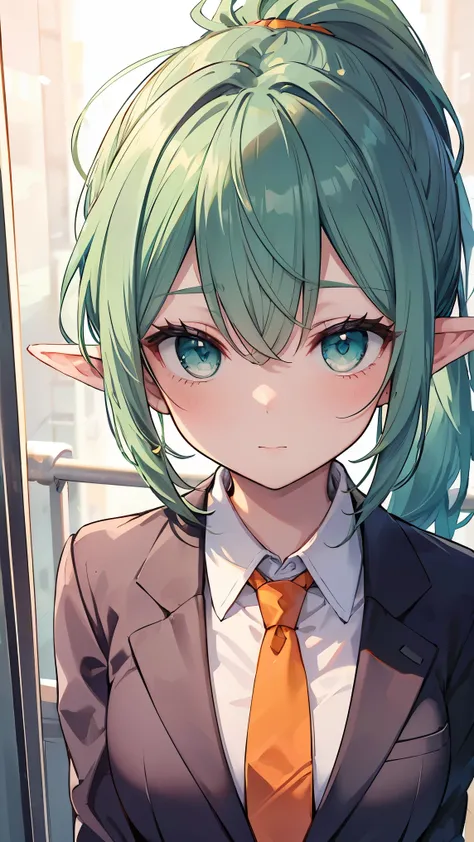 ((masterpiece)), ((best quality)), perfect detailed eyes, perfect detailed face, green hair, long ponytail:1.2, elf, long pointy ears, aqua eyes, Suit style, (orange tie), (light grey suit), On the way to work, Career woman