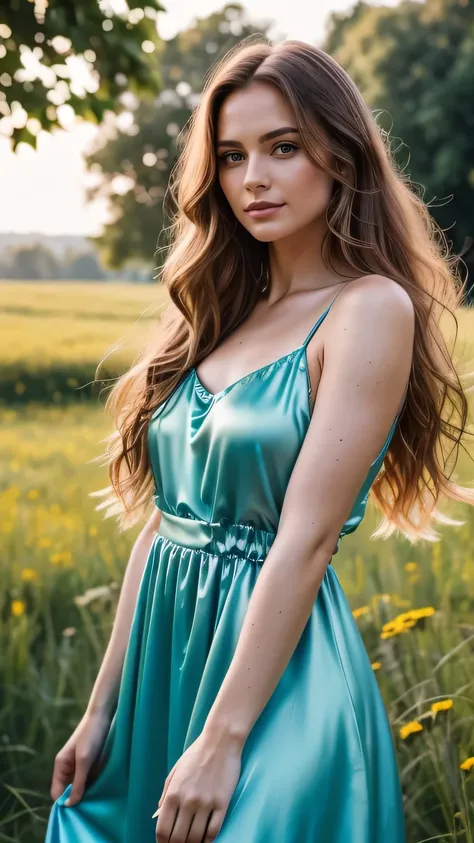 Realistic full body photo of a happy Dutch woman with big long hair, who dances in front of the camera in a long summer dress made of shiny satin, meadow, Glamour-Fotoshooting, perfect anatomy, perfect eyes. Perfect hands with 5 fingers on each hand. Match...