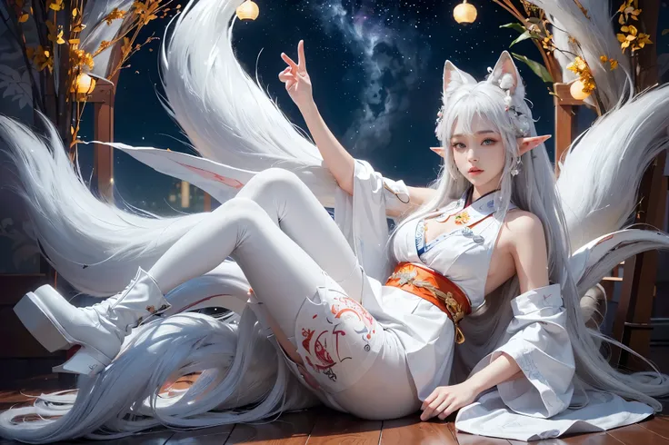 (Absurdly , high quality , Very detailed,Nine-tailed fox looking at photographer、9 tails)、(((White Hair、White fox ears and elf ears)))、A gorgeous Japanese kimono in a variety of colors, beautifully detailed with intricate patterns and traditional designs.、...