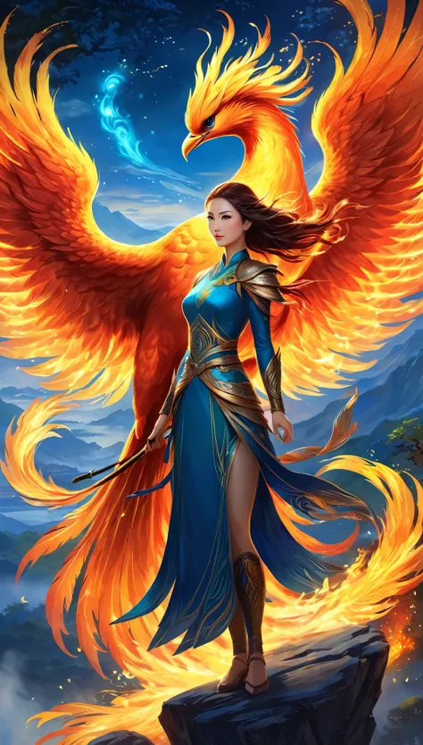 Woman and the Big Firebird Painting、　Archer、A glowing phoenix in the distance、depth、Spectacular Background、Fantasy、