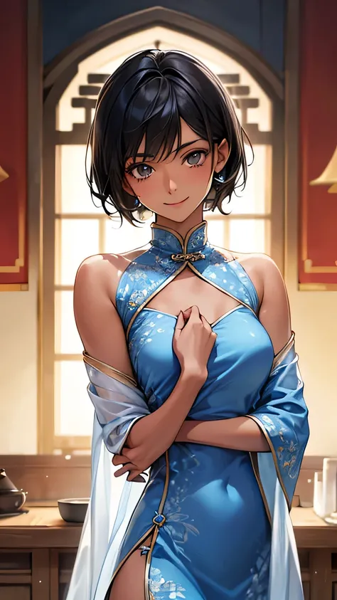 Highest quality、Realistic、、zoom、Women、cute、Light grey eyes、Black Hair、Very short hair style、Tanned brown skin、Dark Skin、Light blue Chinese dress、No sleeve、Captivating smile、Bust Shot、Small breasts