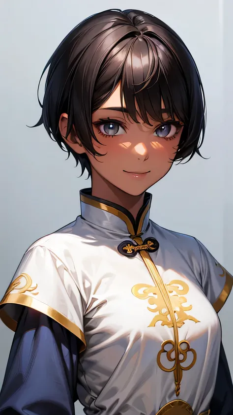 Highest quality、Realistic、、zoom、Women、cute、Light grey eyes、Black Hair、Very short hair style、Tanned brown skin、Dark Skin、Light blue Chinese dress、No sleeve、Captivating smile、Bust Shot、Small breasts