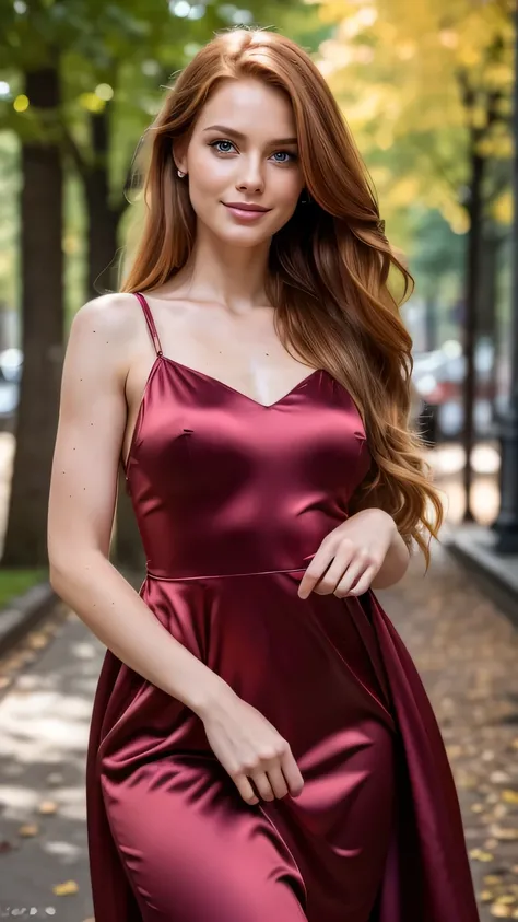 Realistic full body photo of a smiling Dutch redhead with long hair, who dances in front of the camera and wears a satin dress, park glamour fotoshooting, perfect anatomy, perfect eyes. Perfect hands with 5 fingers on each hand. Matching girl, looking at t...