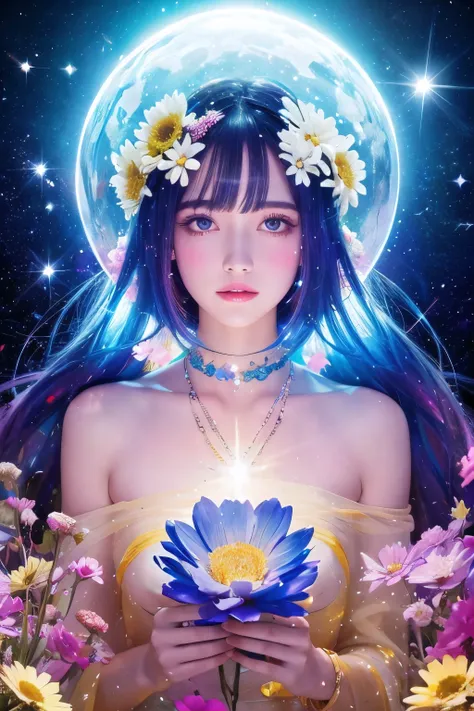 A space goddess overflowing with transparency　Colorful sparkling flowers