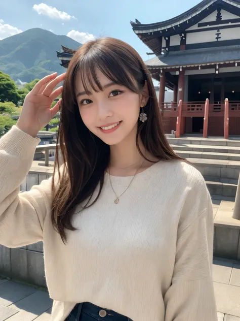 1girl, solo, highres, best_quality, masterpiece, detailed_background, intricate_details, beautiful, hiroshima, onomichi, senkoji_temple, hillside_view,modern casual fashional clothes, smile, looking_at_viewer, dynamic_pose, natural_pose, candid, happy