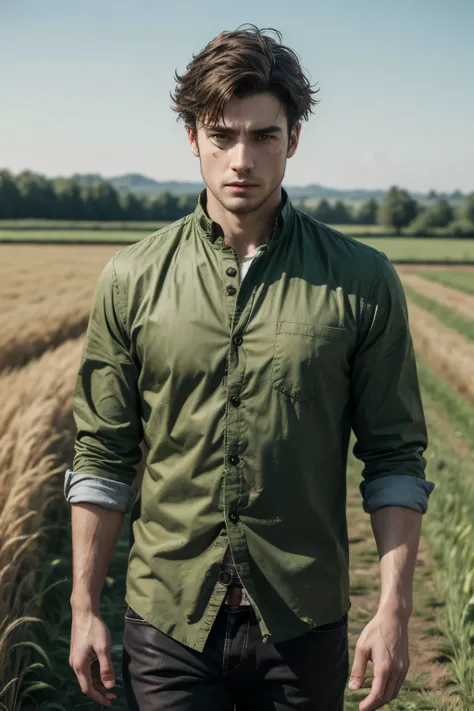 Realistic photo of man with bloody clothes against a green field background