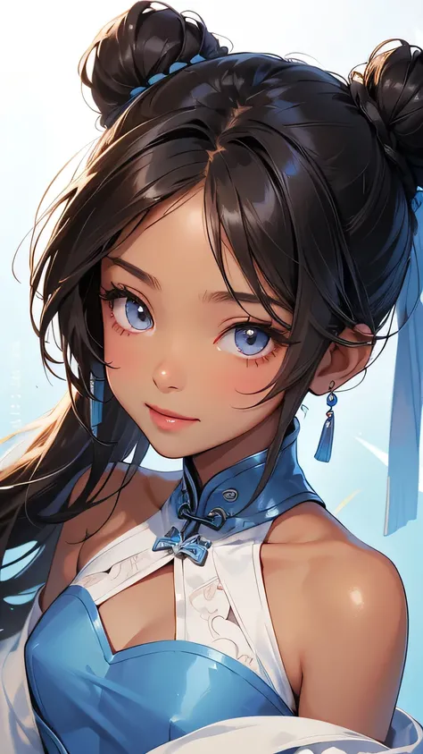 Highest quality、Realistic、、zoom、Women、a little child、cute、Light grey eyes、Black Hair、Bun hair style、Tanned brown skin、Dark Skin、Light blue Chinese dress、No sleeve、Captivating smile、Bust Shot、Small breasts