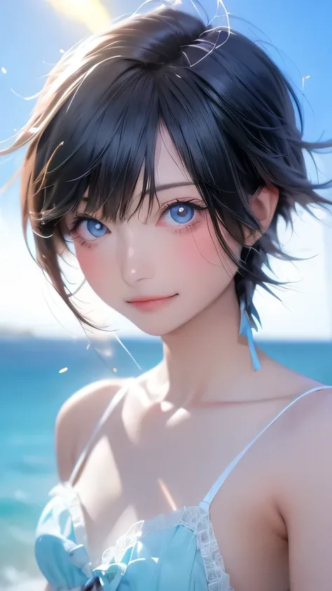 Highest quality、Realistic、、zoom、Women、a little child、cute、Light grey eyes、Black Hair、Short Hairstyles、Tanned brown skin、Dark Skin、Light blue micro bikini、Ocean、Captivating smile、Bust Shot、Small breasts