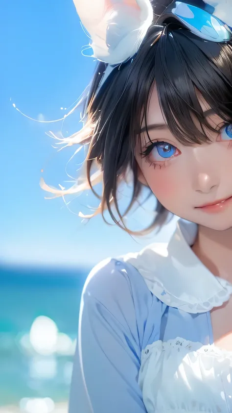 Highest quality、Realistic、、zoom、Women、a little child、cute、Light grey eyes、Black Hair、Short Hairstyles、Tanned brown skin、Dark Skin、Light blue micro bikini、Ocean、Captivating smile、Bust Shot、Small breasts